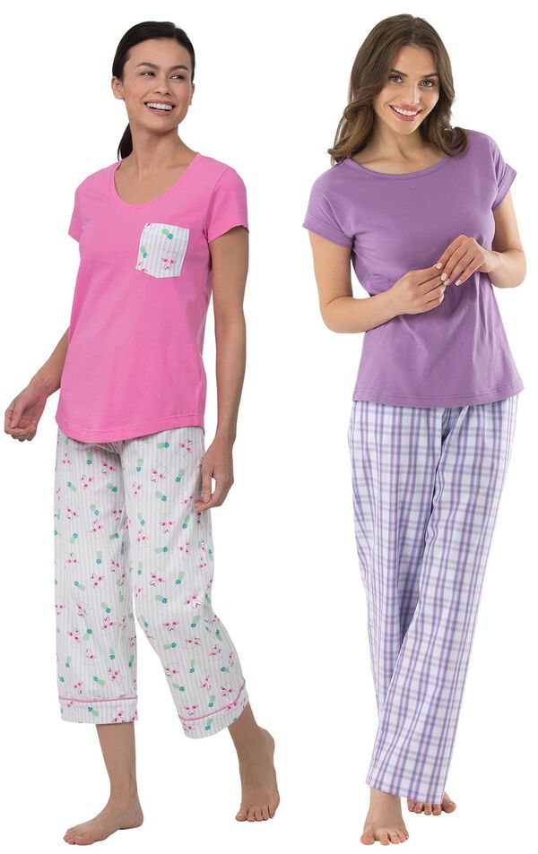Models wearing Flamingo Stripe Short-Sleeve Capri Pajamas and Perfectly Plaid Pajamas. image number 0