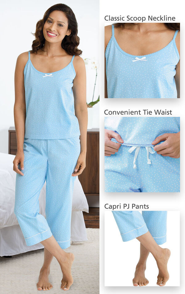 Close-ups of the features of Oh-So-Soft Pin Dot Capri Pajamas - Blue which include a classic scoop neckline, convenient tie waist and capri PJ Pants image number 2