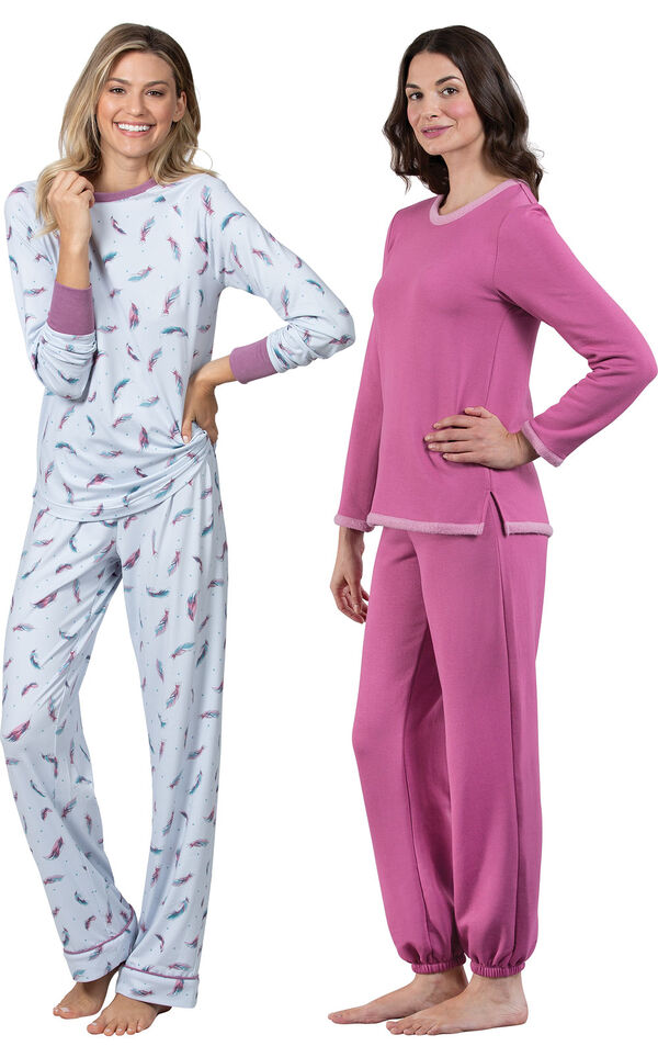Models wearing Feather Touch Pajamas and World's Softest Jogger Pajamas - Raspberry. image number 0