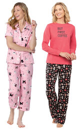 Models wearing Kitty in Paris Short-Sleeve Boyfriend Capri Pajamas - Pink and Coffee Lover Pajamas image number 0