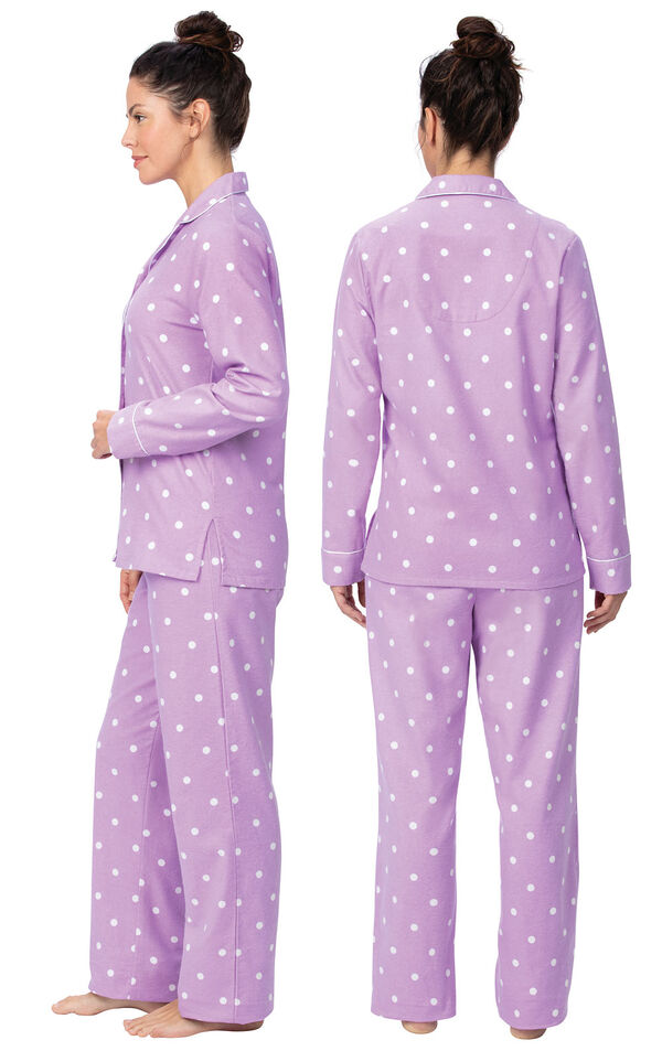 Model wearing Lavender Dot Flannel Button-Front PJ for Women, facing away from the camera and then to the side image number 1