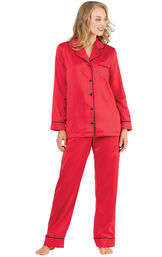 Model wearing Red Satin Button-Front PJ with Contrast Piping for Women image number 0
