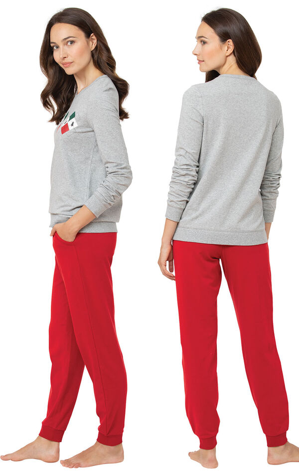 Model wearing Gray and Red Holiday Argyle Women's Pajamas, facing away from the camera and then facing to the side image number 1
