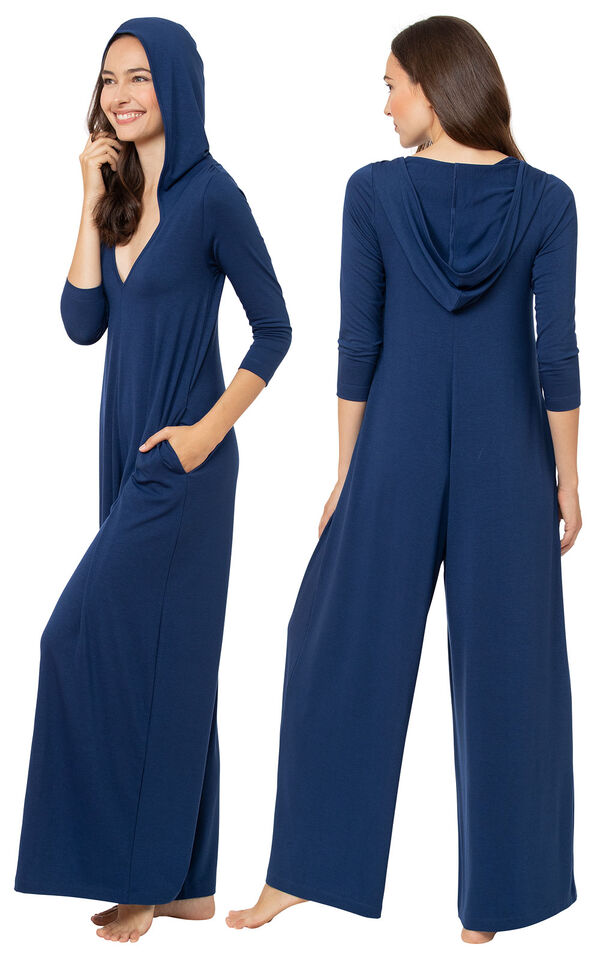 Model wearing Navy Blue Jumpsuit PJs for Women, facing away from the camera and then facing to the side image number 1