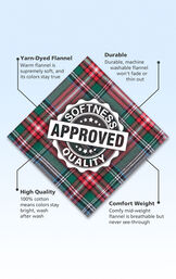 Red and Green Plaid Flannel Swatch with the following copy: Smooth plaid flannel is designed for premium softness. Machine-washable flannel won't fade or thin out. High Quality flannel is durable so colors stay bright. Warm but breathable flannel. image number 6