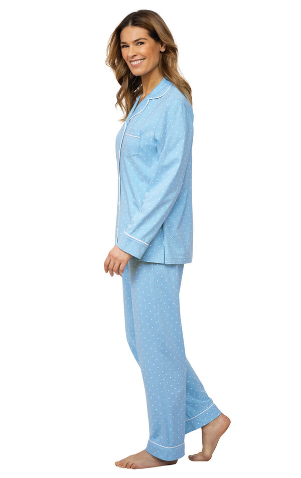 Model wearing Blue Pin Dot Button-Front PJ for Women, facing to the side