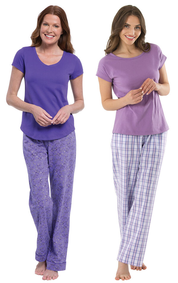 Models wearing Short-Sleeve V-Neck Pajamas- Purple Floral and Perfectly Plaid Pajamas image number 0