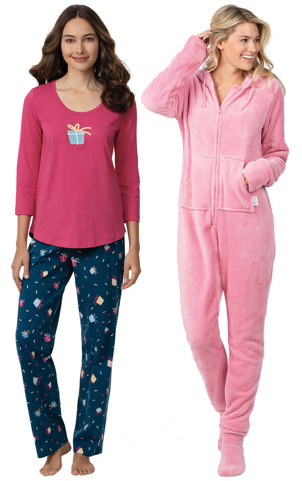 Models wearing Let's Celebrate Pajamas - Navy and Hoodie-Footie - Pink image number 0