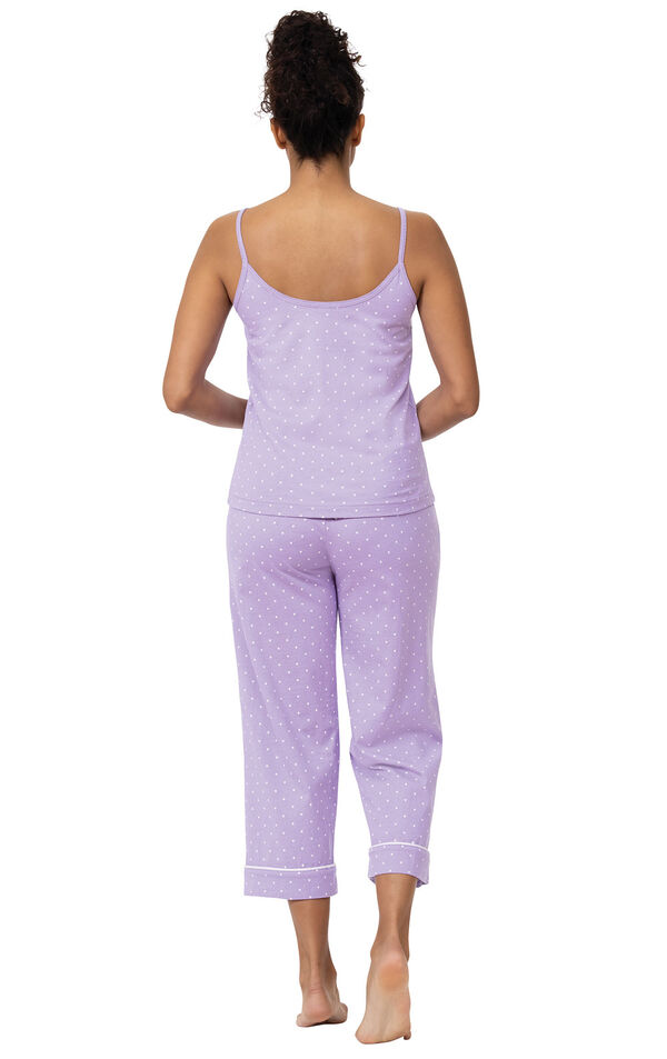 Model wearing Lavender with White Polka Dots Capri PJs for Women, facing away from the camera image number 1