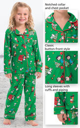 Close-ups of Charlie Brown PJ features which include a notched collar and chest pocket, classic button-front style and long sleeves with cuffs and piping image number 2