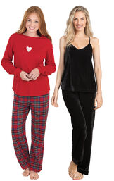 Models wearing Velour Cami Pajamas - Black and Valentine's Day Plaid Pajamas. image number 0