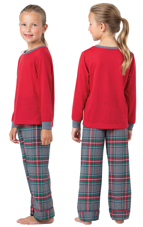 Model wearing Gray Plaid PJ for Girls, facing away from the camera and then facing to the side image number 1