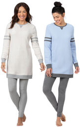 Models wearing Sporty Sweatshirt and Leggings PJ Set - Blue/Gray and Sporty Sweatshirt and Leggings PJ Set - Ivory/Gray. image number 0