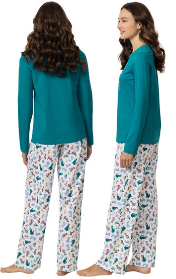 Model wearing Teal and White "Dogs are my favorite people" Pajamas, facing away from the camera and then to the side