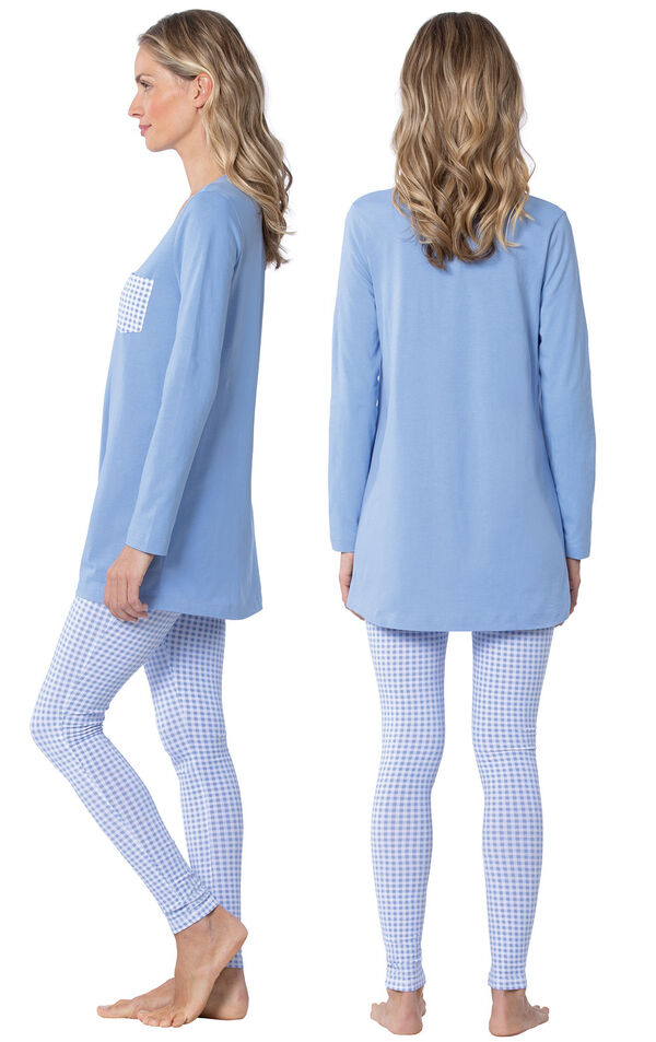 Model wearing Long Sleeve and Legging Pajamas - Light Blue, facing away from the camera and then to the side image number 1
