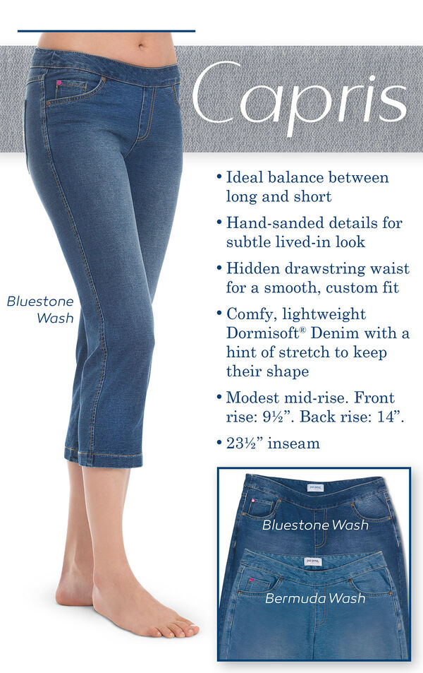 Capris - Ideal balance between long and short. Hand-sanded details for subtle lived-in look. Hidden drawstring waist for a smooth, custom fit. Comfy, lightweight Dormisoft Denim with a hint of stretch to keep their shape. Modest mid-rise. Front rise: 9.5" image number 2