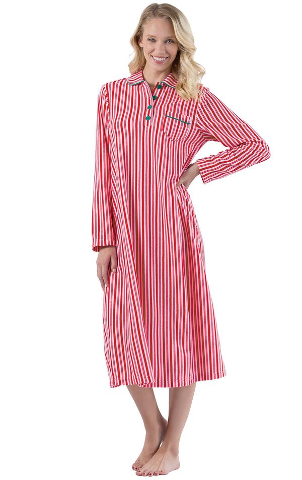 Model wearing Candy Cane Stripe Fleece Gown for Women image number 0