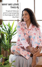Model wearing Margaritaville Hibiscus Boyfriend Pajamas - Pink with the following copy: Why We Love this PJ: Tropical hibiscus print is eye-popping in flamingo pink and sky blue image number 2