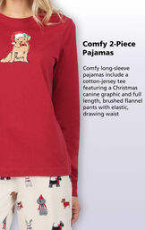Comfy long-sleeve pajamas include a cotton-jersey top feature a Christmas canine graphic and full-length brushed flannel pants with an elastic, drawstring waist image number 3