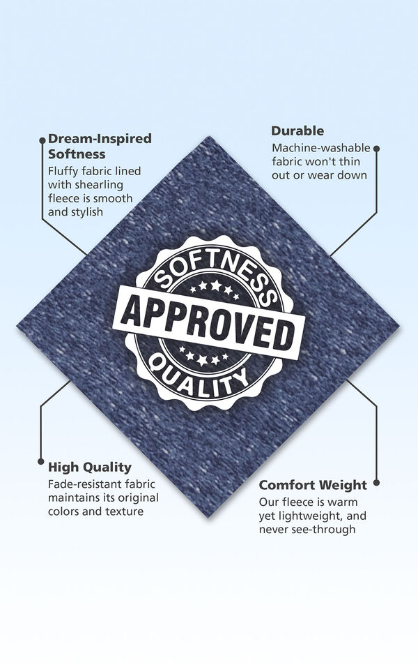 Dark Blue Shearling swatch with the following copy: Fluffy fabric lined with shearling fleece is smooth and stylish. Machine-washable fabric won't thin out. Fade-resistant fabric maintains it's original colors and texture. Warm yet lightweight. image number 4