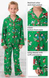 Close-ups of Charlie Brown PJ features which include a notched collar and chest pocket, classic button-front style and long sleeves with cuffs and piping image number 2