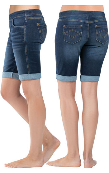 Model wearing PajamaJeans Bermuda Shorts - Indigo Wash, facing away from the camera and then to the side