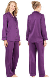 Model wearing Purple Satin Button-Front PJ with Contrast Piping for Women, facing away from the camera and then to the side image number 1