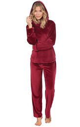 Model wearing Deep Red Tempting Touch PJs with the Hood up image number 2