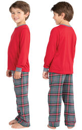 Model wearing Gray Plaid PJ for Kids, facing away from the camera and then facing to the side image number 1