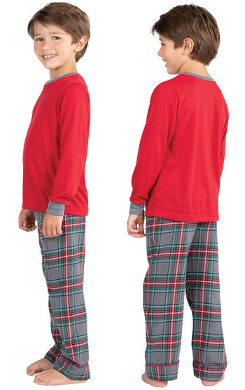 Model wearing Gray Plaid PJ for Kids, facing away from the camera and then facing to the side