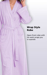 Close-up of Purple Pin Dot Wrap Style Robe; open-front robe with tie waist wraps you in warmth. image number 1
