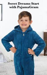 Boy wearing Blue Hoodie-Footie Onesie with the following Copy: Sweet Dreams Start with PajamaGram. image number 1