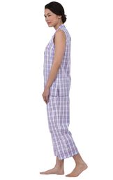 Model wearing Purple and White Perfectly Plaid Sleeveless Capri Pajamas, facing to the side image number 1