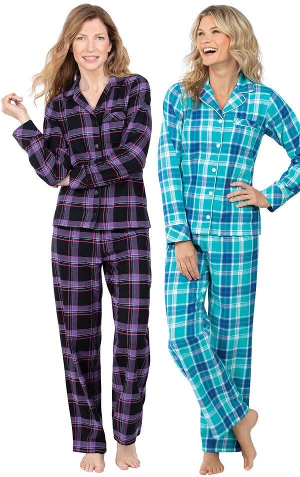 Models wearing Blackberry Plaid Boyfriend Flannel Pajamas and Wintergreen Plaid Boyfriend Flannel Pajamas. image number 0