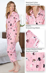 Model wearing Pink Kitty Print Short Sleeve Button-Front Capri PJ for Women image number 3