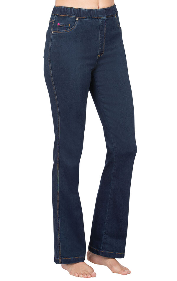 Model wearing PajamaJeans - High-Waist Bootcut Indigo image number 0