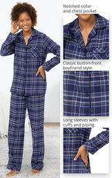 Navy Lurex Plaid Boyfriend Flannel Pajamas image number 3