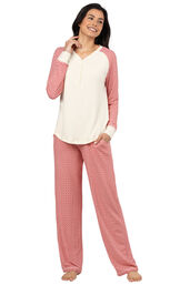 Model wearing Whisper Knit Henley Pajamas - Red Print image number 0