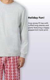 Cozy jersey PJ top with cuffed long sleeves and pants featuring a happy peppermint twist print image number 2