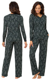 Model wearing Whisper Knit Henley Pajamas - Green Forest, facing away from the camera and then to the side image number 1