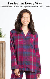Perfect 10 Boyfriend Pajamas - Black Cherry Plaid with the following copy: Perfect in Every Way. Flawless boyfriend-style pajamas in black cherry plaid. image number 4