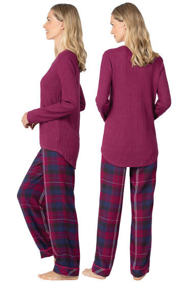 Model wearing Pink Plaid PJ for Women, facing away from the camera and then to the side