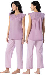 Model wearing Mauve Stripe Flutter Sleeve Capri PJ for Women, facing away from the camera and then to the side image number 1