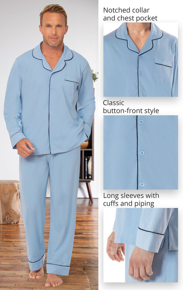Close-ups of the features of Light Blue Solid Knit Button-Front PJs which include notched collar and chest pocket, classic button-front style and long sleeves with cuffs and piping image number 3