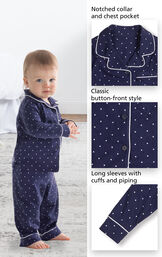 Close-ups of Classic Polka-Dot Infant Pajamas - Navy features which  include a notched collar and chest pocket, classic button-front style and long sleeves with cuffs and piping image number 2