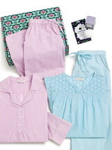 Addison Meadow Pullover PJ in Mauve Stripe and Summer Capri Pajama in Aqua Stripe in a blue and pink floral gift box with a bath bomb  image number 1