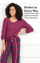 Model wearing Black Cherry Plaid World's Softest Flannel Pajamas with the following copy: Perfect in every way - flawless boyfriend-style pajamas in pink plaid image number 3