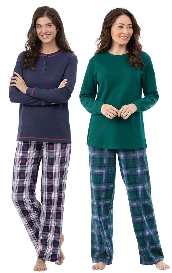 Models wearing Snowfall Plaid Pajamas and Heritage Plaid Thermal-Top Pajamas. image number 0