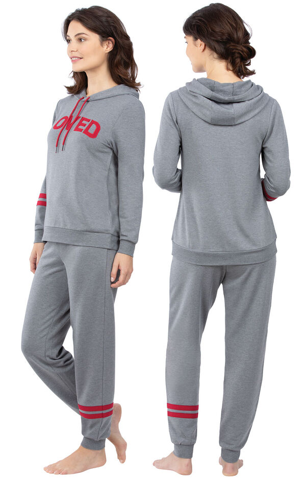 Model wearing Gray Hoodie with Jogger Pant PJ for Women, facing away from the camera and then to the side