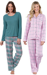 World's Softest Flannel Teal Plaid Pullover PJs and Pink Plaid Boyfriend PJs image number 0